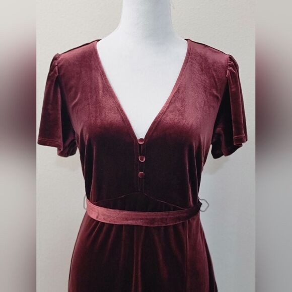 Sanctuary Airy Night Slit Midi Dress Dark Dusty Red Velvet Belted HOCO Size S - Picture 8 of 16